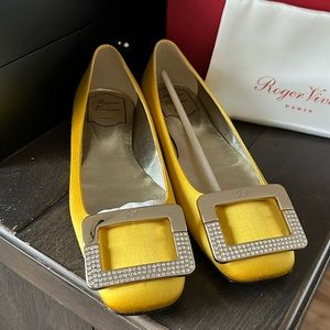 Authentic Roger Vivier Embellished Satin flat Gold yellow new with box